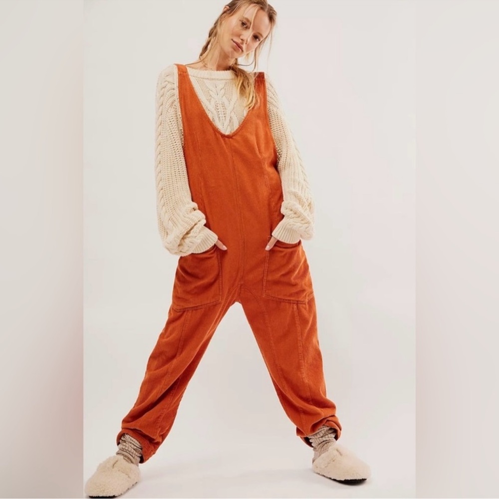 NWT FREE PEOPLE We The Free High Roller Cord Jumpsuit In Sunburn Cedar Orange S